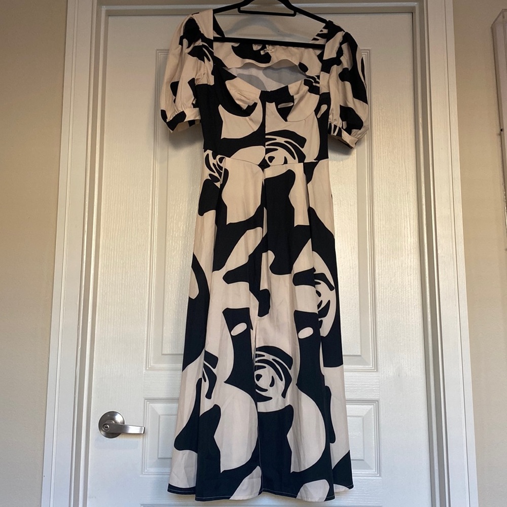 Black and Cream Midi Dress with Abstract Floral Print